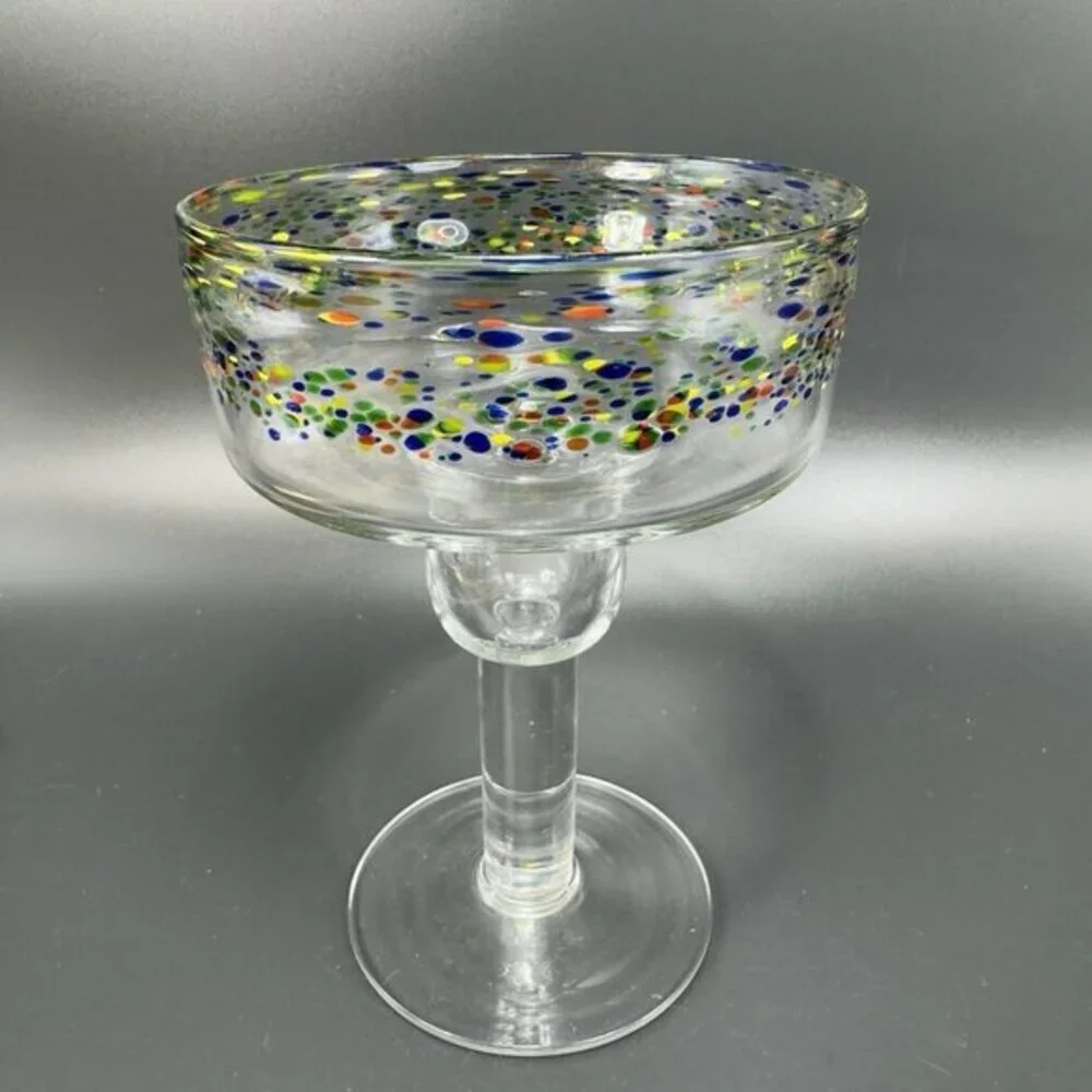 Mexican Blown Glass Margarita Glasses Cups Set 2 Clear With Multicolor Spots VTG